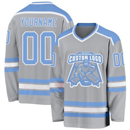 Personalized Gray Light Blue White Hockey Jersey for Men, Women, Kids - Custom Team Apparel Personalized Gray Light Blue-White