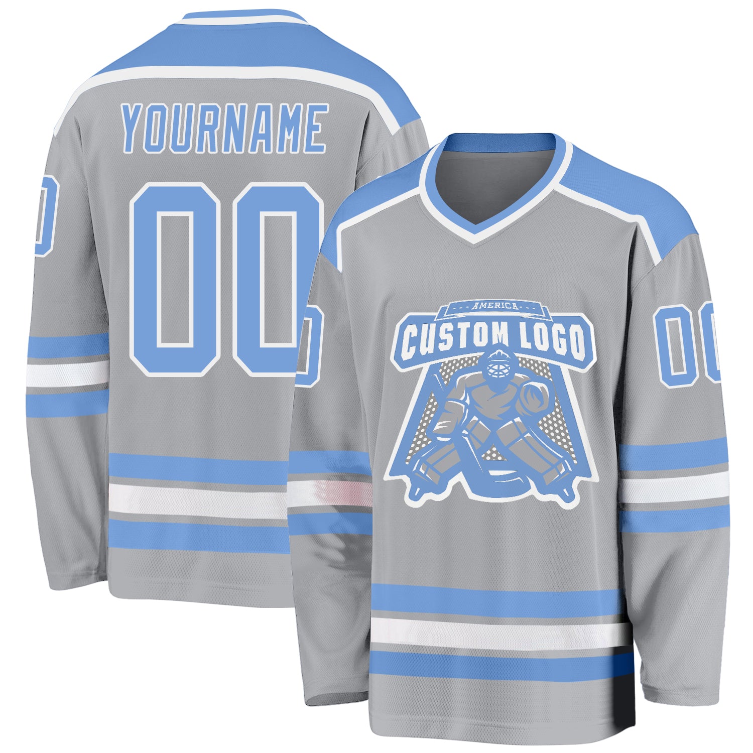 Personalized Gray Light Blue White Hockey Jersey for Men, Women, Kids - Custom Team Apparel Personalized Gray Light Blue-White