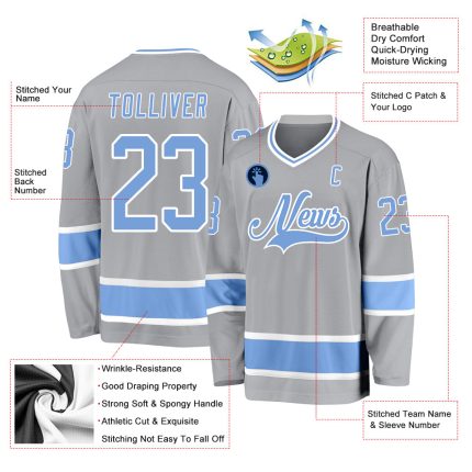 Custom Personalized Hockey Jersey - Gray Light Blue & White, Team Name and Number Personalized Gray Light Blue-White Hockey