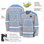Personalized Gray Light Blue White Hockey Jersey for Men, Women, Kids - Custom Team Apparel Personalized Gray Light Blue-White