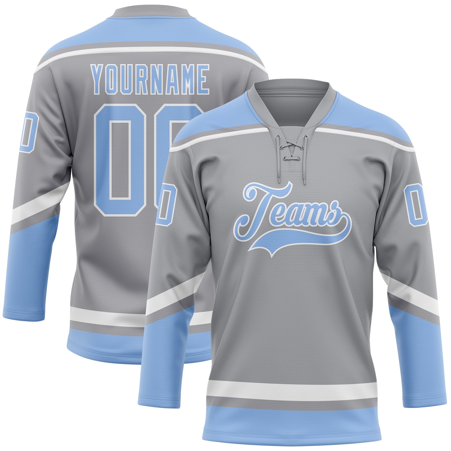 Custom Hockey Jersey with Personalized Name and Number - Gray Light Blue-White Lace Neck Design Personalized Gray Light Blue-White