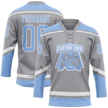 Custom Hockey Jersey with Personalized Name and Number - Gray Light Blue-White Lace Neck Design Personalized Gray Light Blue-White