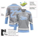 Custom Hockey Jersey with Personalized Name and Number - Gray Light Blue-White Lace Neck Design Personalized Gray Light Blue-White