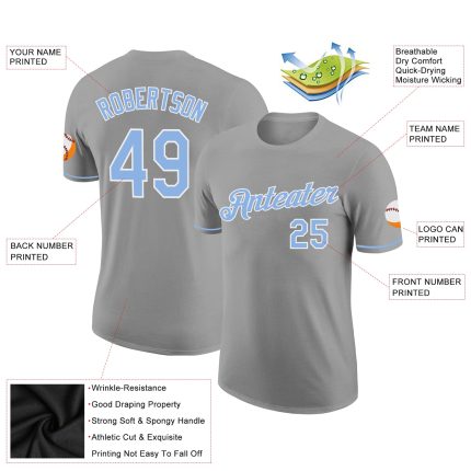 Custom Team Performance T-Shirt with Personalized Name and Number - Gray Light Blue-White Personalized Gray Light Blue-White