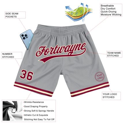 Personalized Basketball Shorts with Custom Name and Number - Gray Maroon-Cream Authentic Throwback Design Personalized Gray