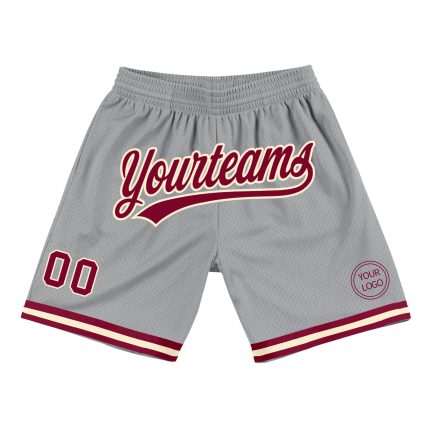 Personalized Basketball Shorts with Custom Name and Number - Gray Maroon-Cream Authentic Throwback Design Personalized Gray
