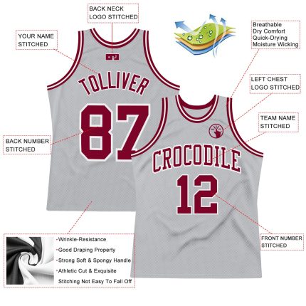 Custom Name Number Basketball Jersey - Personalized Gray Maroon-White Authentic Throwback Style Personalized Gray Maroon-White