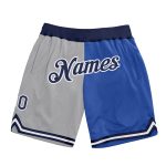 Custom Name Number Basketball Shorts - Personalized Split Fashion in Gray Navy-Blue - Authentic Throwback Style Personalized