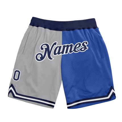 Custom Name Number Basketball Shorts - Personalized Split Fashion in Gray Navy-Blue - Authentic Throwback Style Personalized