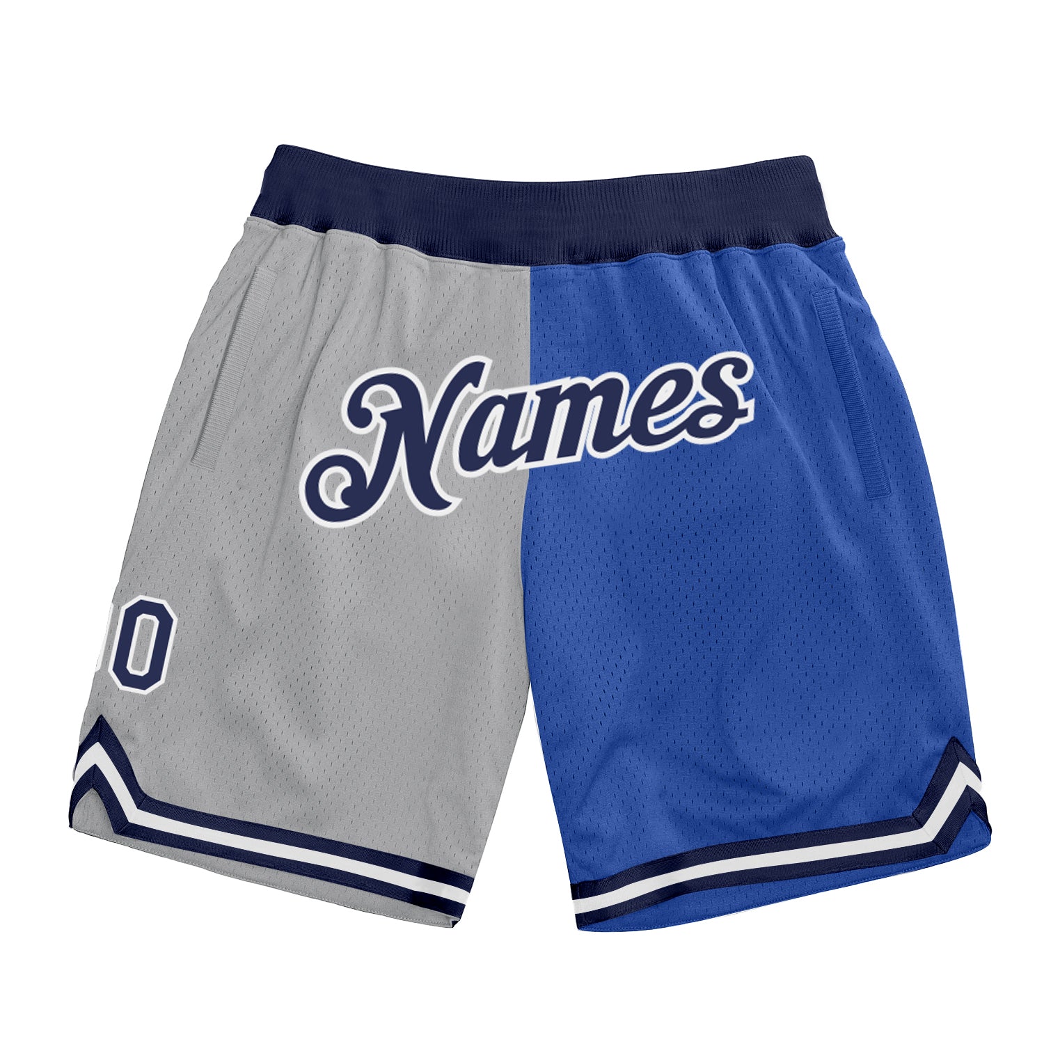 Custom Name Number Basketball Shorts - Personalized Split Fashion in Gray Navy-Blue - Authentic Throwback Style Personalized