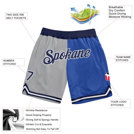 Custom Name Number Basketball Shorts - Personalized Split Fashion in Gray Navy-Blue - Authentic Throwback Style Personalized