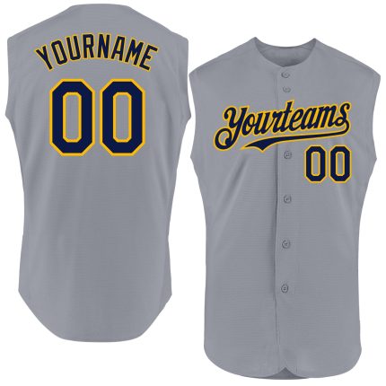 Personalized Gray Navy Gold Baseball Jersey Sleeveless Authentic Design Personalized Gray Navy-Gold Authentic Sleeveless