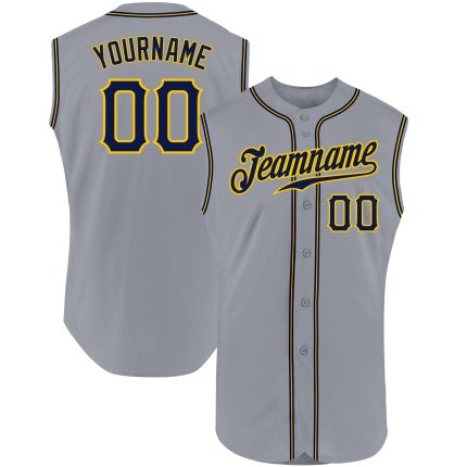 Personalized Custom Name & Number Gray Navy Gold Sleeveless Baseball Jersey Personalized Gray Navy-Gold Authentic Sleeveless
