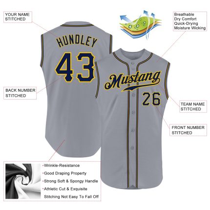 Personalized Custom Name & Number Gray Navy Gold Sleeveless Baseball Jersey Personalized Gray Navy-Gold Authentic Sleeveless