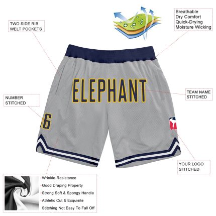 Personalized Gray Navy Gold Basketball Shorts - Authentic Throwback Style Personalized Gray Navy-Gold Authentic Throwback