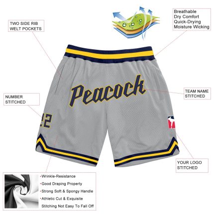 Personalized Basketball Shorts with Custom Name and Number - Gray Navy Gold Authentic Throwback Style Personalized Gray Navy-Gold