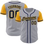Customizable Gray Navy-Gold Two Tone Baseball Jersey with Name & Number - Authentic Team Apparel Personalized Gray Navy-Gold