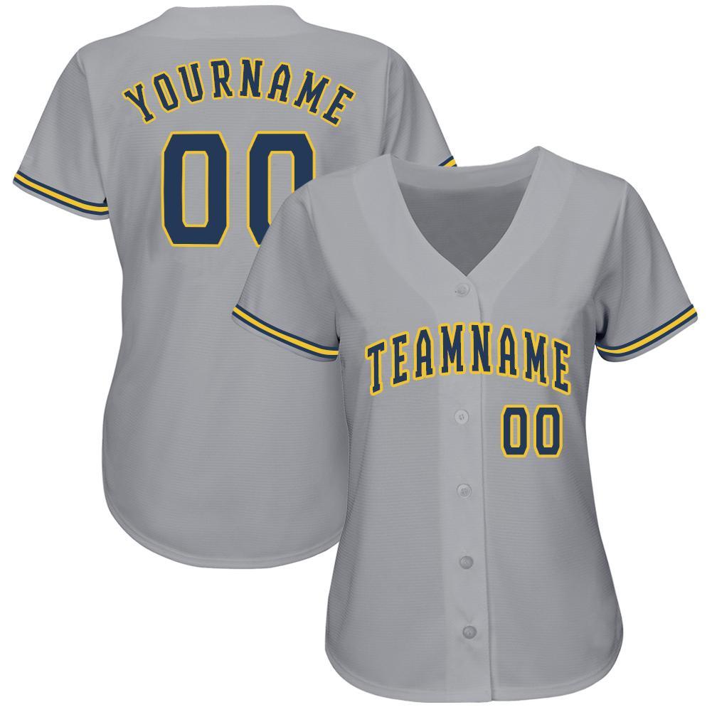 Custom Name and Number Baseball Jersey - Personalized Gray Navy-Gold Team Gear Personalized Gray Navy-Gold Baseball Jersey