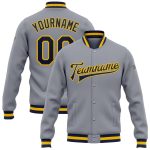 Custom Name Number Personalized Navy Gold Gray Bomber Varsity Letterman Jacket Personalized Gray Navy-Gold Bomber Full-Snap