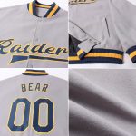 Custom Name Number Personalized Navy Gold Gray Bomber Varsity Letterman Jacket Personalized Gray Navy-Gold Bomber Full-Snap