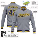 Custom Name Number Personalized Navy Gold Gray Bomber Varsity Letterman Jacket Personalized Gray Navy-Gold Bomber Full-Snap
