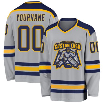 Personalized Hockey Jersey in Gray Navy Gold - Custom Sports Apparel for Fans Personalized Gray Navy-Gold Hockey Jersey