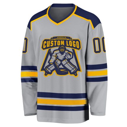 Personalized Hockey Jersey in Gray Navy Gold - Custom Sports Apparel for Fans Personalized Gray Navy-Gold Hockey Jersey