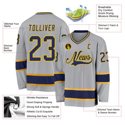 Custom Name and Number Gray Navy Gold Hockey Jersey - Personalized Team Jersey Personalized Gray Navy-Gold Hockey Jersey