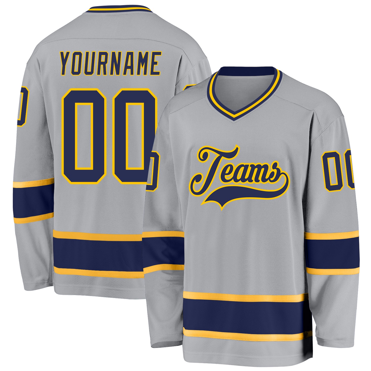 Custom Name and Number Gray Navy Gold Hockey Jersey - Personalized Team Jersey Personalized Gray Navy-Gold Hockey Jersey