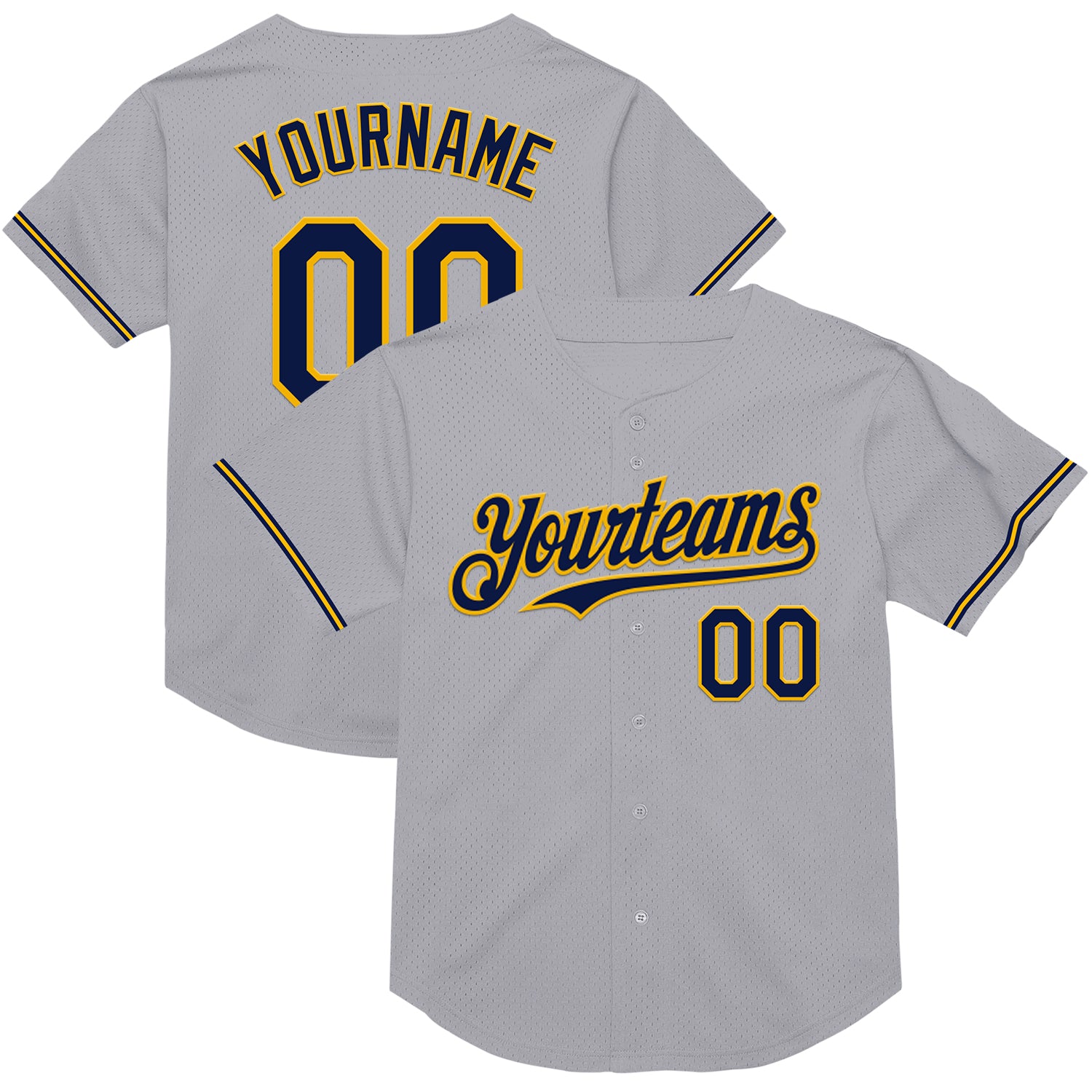 Custom Name and Number Personalized Baseball Jersey - Gray Navy-Gold Mesh Authentic Throwback Design Personalized Gray Navy-Gold
