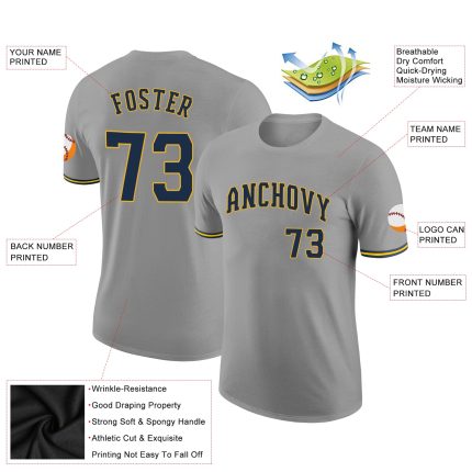 Custom Name and Number Performance T-Shirt - Gray Navy Gold Personalized Team Apparel Personalized Gray Navy-Gold Performance