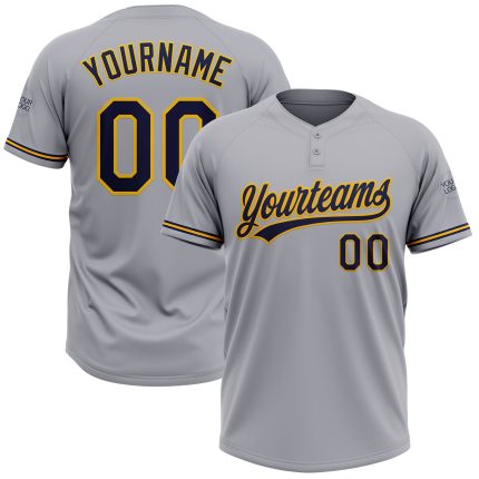 Personalized Unisex Softball Jersey Gray Navy-Gold Two-Button Design Personalized Gray Navy-Gold Two-Button Unisex Softball