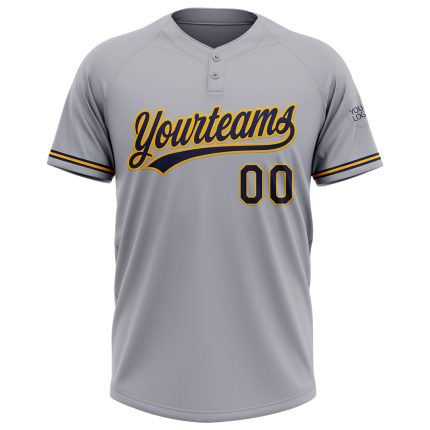 Personalized Unisex Softball Jersey Gray Navy-Gold Two-Button Design Personalized Gray Navy-Gold Two-Button Unisex Softball