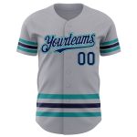 Custom Name and Number Personalized Baseball Jersey - Gray Navy Gray-Teal Line Authentic Team Apparel Personalized Gray Navy