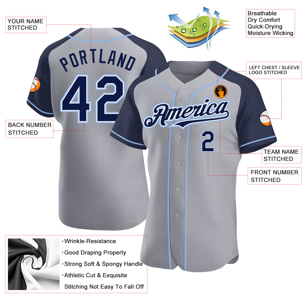 Personalized Gray Navy-Light Blue Authentic Raglan Sleeves Baseball Jersey Team Custom Name and Number Custom Name and Number Baseball Jersey - Personalized Gray Navy-Light Blue Authentic Raglan Sleeves Personalized Gray Navy-Light - Image 3