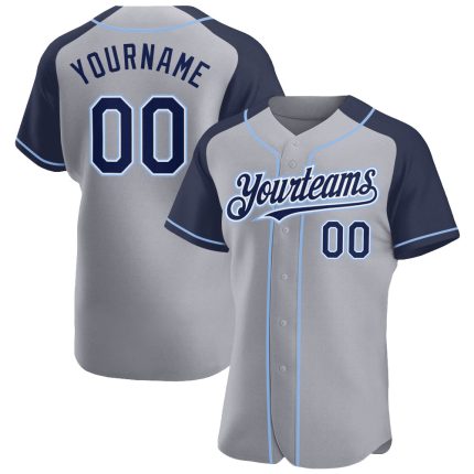 Custom Name and Number Baseball Jersey - Personalized Gray Navy-Light Blue Authentic Raglan Sleeves Personalized Gray Navy-Light