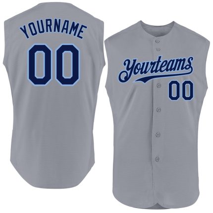 Custom Name and Number Authentic Sleeveless Baseball Jersey - Personalized Gray Navy-Light Blue Team Apparel Personalized