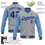 Custom Name Number Varsity Letterman Jacket Two Tone Gray Navy Light Blue Personalized Bomber Full-Snap Personalized Gray