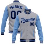 Custom Name Number Varsity Letterman Jacket Two Tone Gray Navy Light Blue Personalized Bomber Full-Snap Personalized Gray