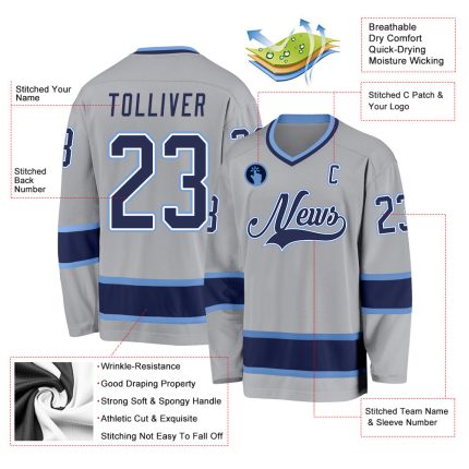 Custom Hockey Jersey Personalized Team Name and Number in Gray Navy-Light Blue Personalized Gray Navy-Light Blue Hockey Jersey
