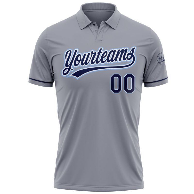 Custom Team Name Number Gray Navy Light Blue Performance Vapor Golf Polo Shirt Personalized Gray Navy-Light Blue Performance