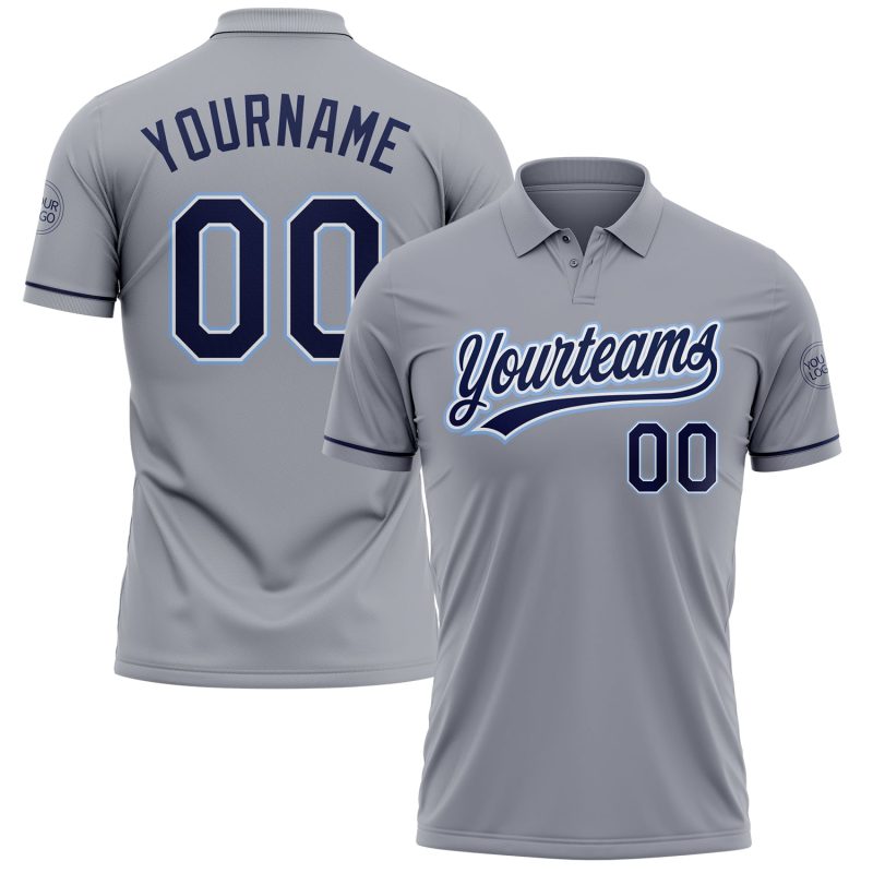 Custom Team Name Number Gray Navy Light Blue Performance Vapor Golf Polo Shirt Personalized Gray Navy-Light Blue Performance