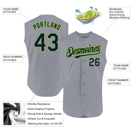 Personalized Baseball Jersey with Custom Name and Number in Gray Navy Neon Green - Sleeveless Authentic Design Personalized