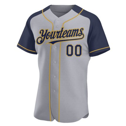 Custom Name and Number Personalized Baseball Jersey - Gray Navy Old Gold Raglan Sleeves Personalized Gray Navy-Old Gold Authentic