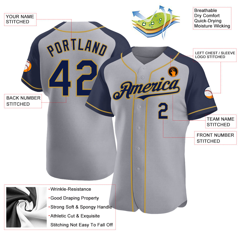 Personalized Gray Navy-Old Gold Authentic Raglan Sleeves Baseball Jersey Team Custom Name and Number Custom Name and Number Personalized Baseball Jersey - Gray Navy Old Gold Raglan Sleeves Personalized Gray Navy-Old Gold Authentic - Image 3
