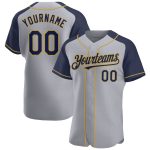 Custom Name and Number Personalized Baseball Jersey - Gray Navy Old Gold Raglan Sleeves Personalized Gray Navy-Old Gold Authentic