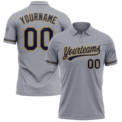 Custom Performance Vapor Golf Polo Shirt - Personalized Gray Navy-Old Gold with Team Name and Number Personalized Gray Navy-Old