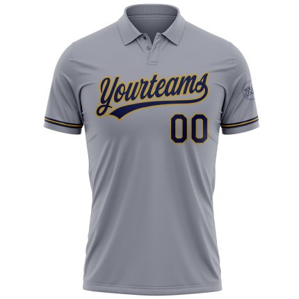 Custom Performance Vapor Golf Polo Shirt - Personalized Gray Navy-Old Gold with Team Name and Number Personalized Gray Navy-Old