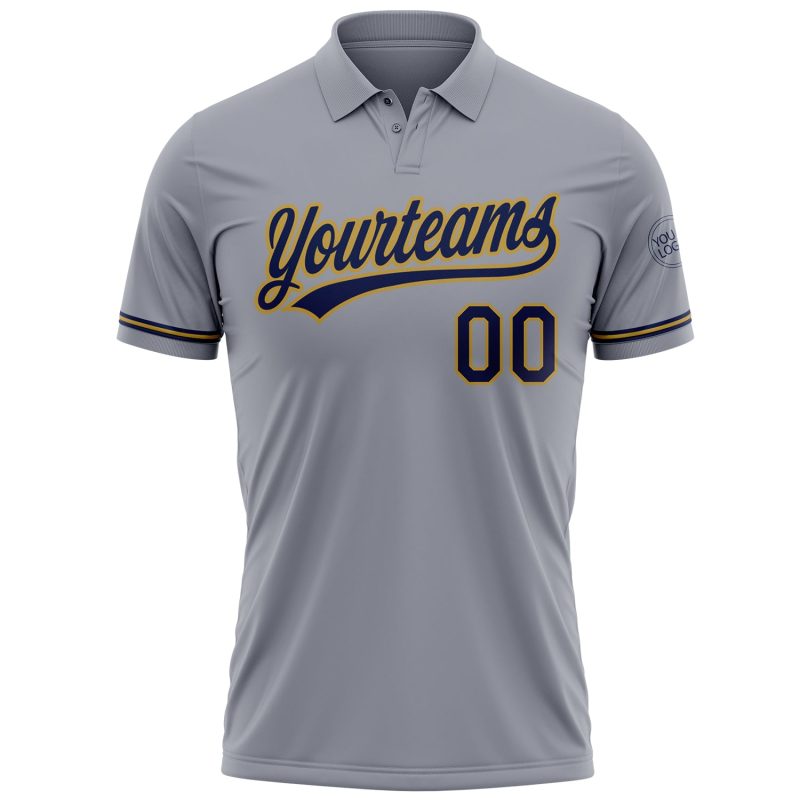 Custom Performance Vapor Golf Polo Shirt - Personalized Gray Navy-Old Gold with Team Name and Number Personalized Gray Navy-Old