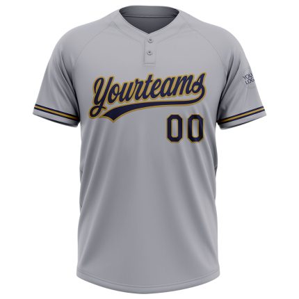 Custom Name and Number Two-Button Unisex Softball Jersey in Gray Navy-Old Gold - Personalized Team Apparel Personalized Gray